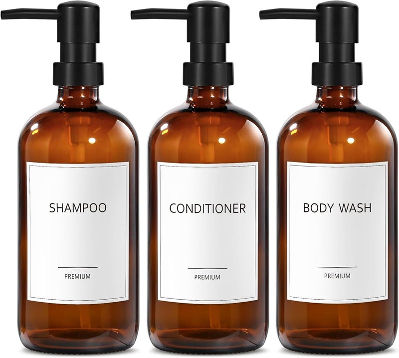 Gmisun Glass Shampoo and Conditioner Dispenser, Shower Soap Dispenser Bottles with Labels, Refillable Shampoo Conditioner Body Wash Dispensers, Amber Glass Soap Pump Dispenser Set for Bathroom Shower - Image 1